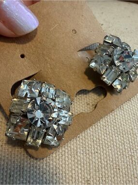Vintage Crystal Cluster Stud Earrings - Clear Rhinestone Stamp Earrings